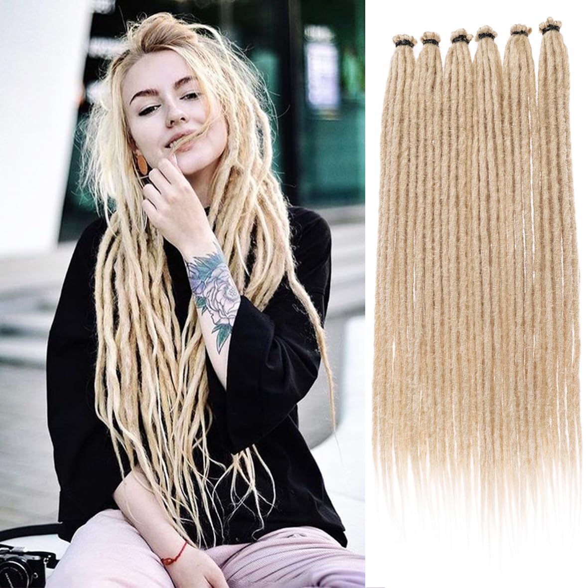 Leeven 18 Inch Blonde Dreadlock Extension Reggae Dreadlocks 10 Strands Synthetic Hippie Single Ended Dreads 0.6 Width Thin Crochet Locs Hair Extensions /613# โ image 1