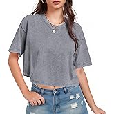 Womens Cropped Tops Acid Wash Short Sleeve T-Shirt Baggy Cotton Tee Vintage Round Neck Basic Tees Casual Shirts