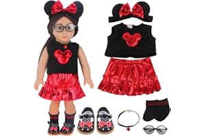 MSYO 18 Inch Doll Playset for Girl Dolls, Micky Themed Doll Accessories for American Dolls, Including Red Bow Hairband, Red Micky Skirt, Doll Necklace, Shoes Socks Glasses, Total of 7 pcs