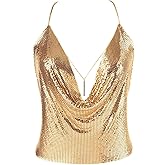 Gold Sexy Tops for Women Sparkly Deep V Neck Crop Tank Tops Cami Body Chain Top