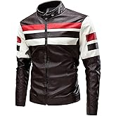 DMOYALA Men's Stand Collar Leather Jacket Fall Trendy Color Block Motor Biker Jacket Full Zip Outerwear Coats S-5XL