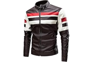 DMOYALA Men's Stand Collar Leather Jacket Fall Trendy Color Block Motor Biker Jacket Full Zip Outerwear Coats S-5XL