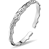 Irideket Engraved 925 Sterling Silver Bracelet Hammered Wave Silver Bangle for Women, Adjustable Polished Silver Open Bangle Bracelet, Irregular Water Ripple Design, Dainty Trendy Jewelry for Women Mom Mothers Day