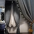 Luxury Curtain for Living Room Blackout Velvet 2 Panels Curtains Set Luxury Tassel Bedroom Curtains (Iron-Grey, （50W×84L）×2)