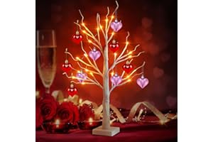 Remon Valentine 2Ft Birch Tree Light, 24 LED White Birch Tree Battery Powered Timer, Artificial Valentine Tree Included Set of 10 Valentine's Day Heart Ornaments for Table Center Decor Home Indoor