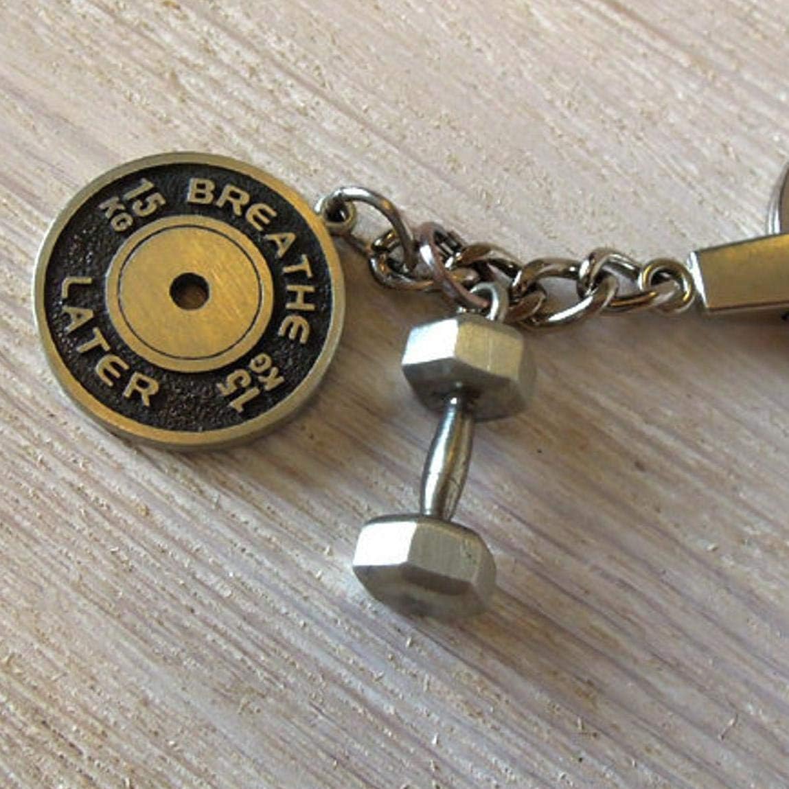 Dumbbell Keychain and Weight Plate Bodybuilding Key Ring Great Weightlifting and Powerlifting Gift for Personal Trainer Made of White Bronze