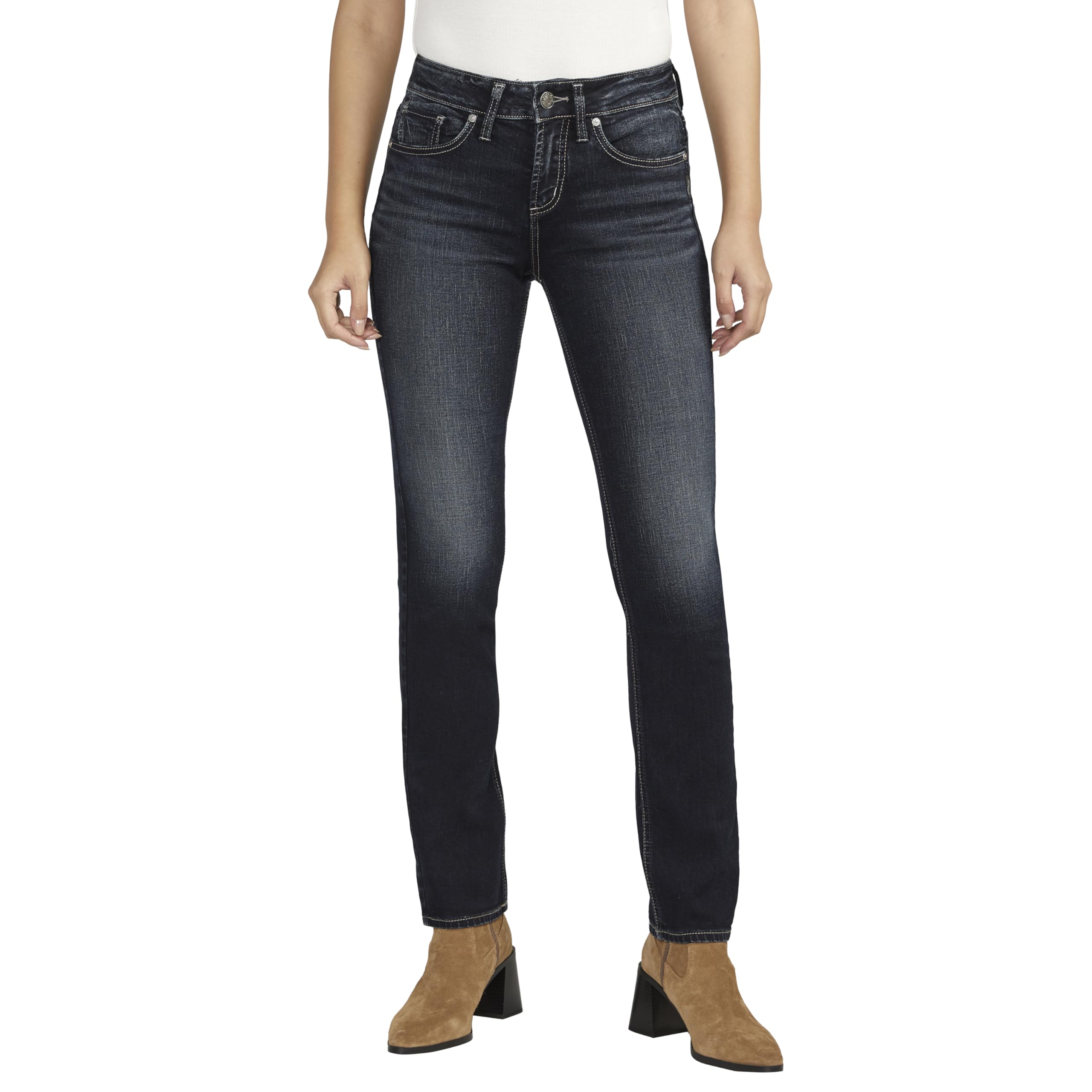 Silver Jeans Co. Women’s Suki Mid Rise Curvy Fit Straight Leg Jeans, Dark Wash EDB482, 24W x 33L