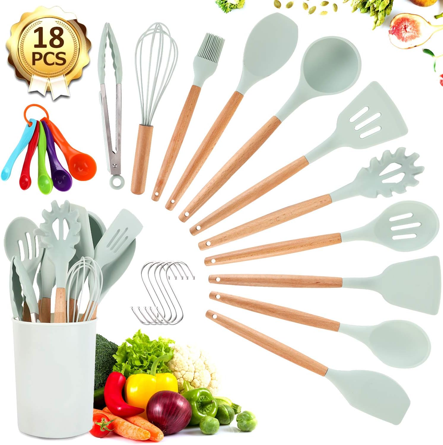 Silicone Cooking Utensil Set -  VOMELON 18 PCS Spatulas for Nonstick Cookware with Wooden Handle Kitchen Gadgets Cooking Tools Heat Resistant Turner Tongs Spatula Spoon Brush Whisk Set (Mint Green)