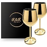 K&K Home Gold Stainless Steel Unbreakable Wine Glasses - 18 oz - Set of 2 Colored, Stemmed Metal Wine Glasses Perfect for Outdoors, Weddings, and Parties (Gold, Set of 2)