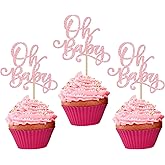 Rsstarxi 24 Pack Oh Baby Shower Cupcake Toppers Glitter Baby Shower Cupcake Picks for Gender Reveal Baby Shower Boys Girls Birthday Party Cake Decorations Supplies Pink