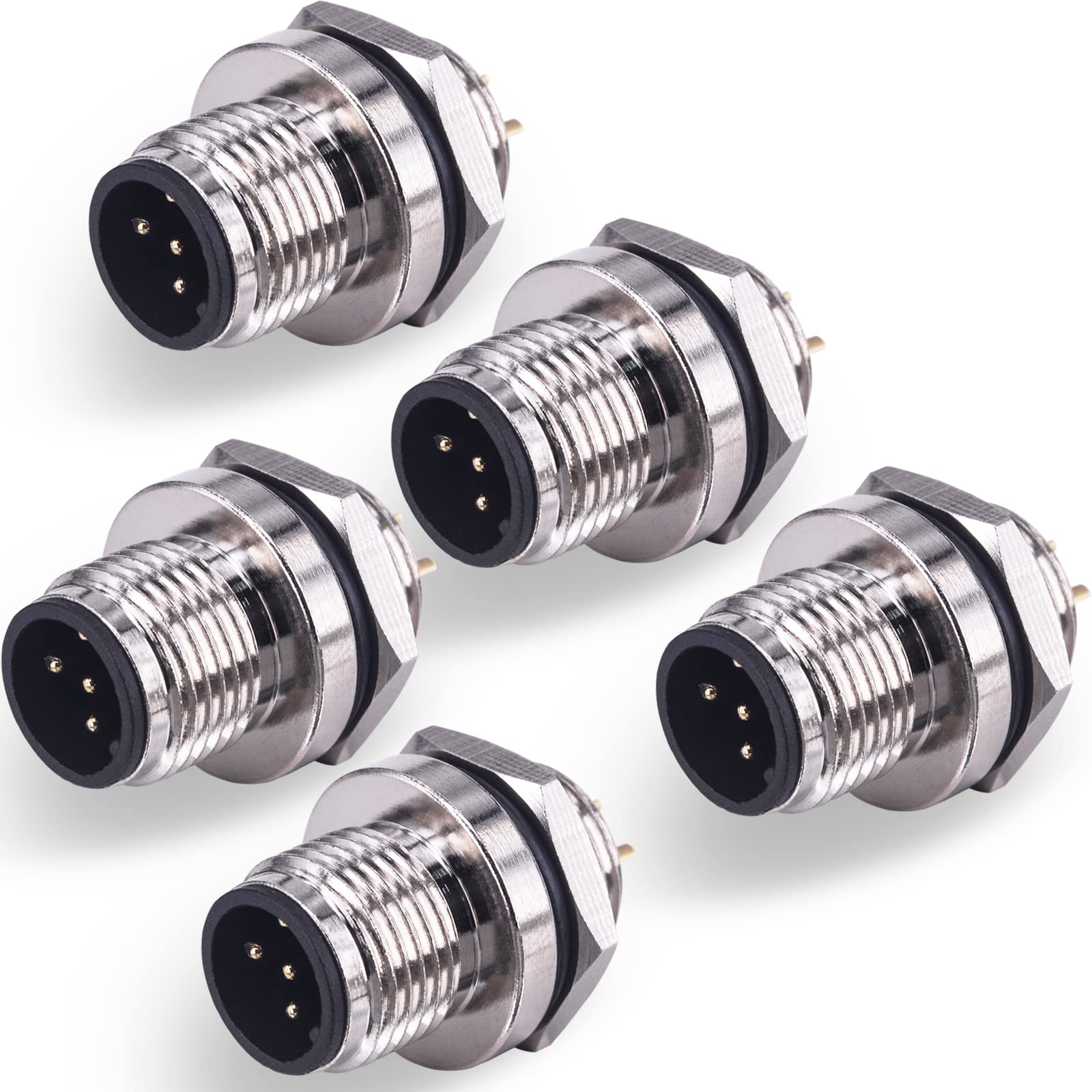 Lonlonty M12 5-Pin Connector, Male to Panel Mount Socket Kit, IP67 Waterproof 12mm Threaded Aviation Coupling, 5-Pack