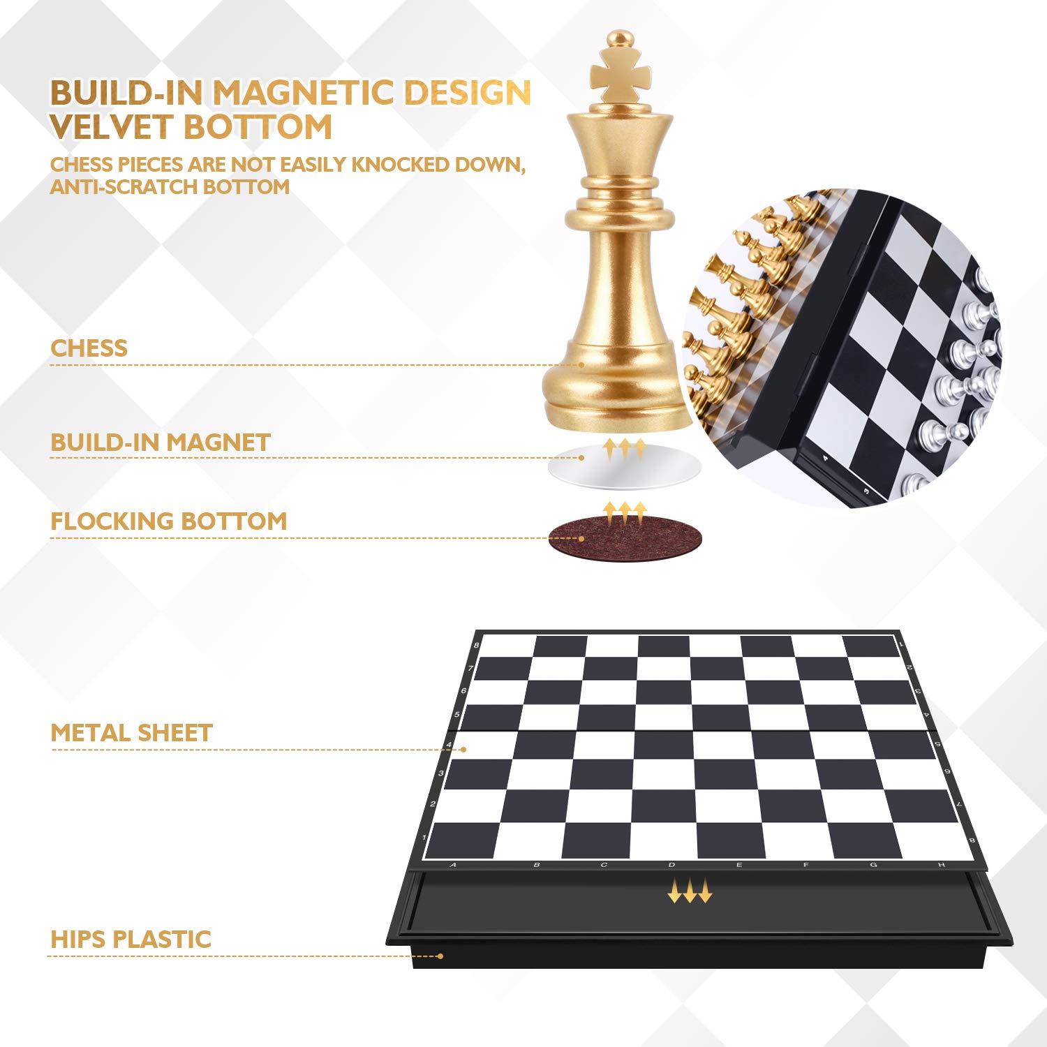 Peradix Magnetic Travel Chess Set with Folding Chess Board Great Educational Toys and Gifts Portable Board Game Fits for Both Adults and Kids (Golden-Silver)
