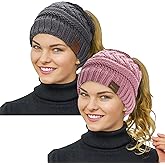 Rosoz 2 Pack Ponytail Beanie for Women,Winter Warm Beanie Tail Soft Stretch Cable Knit Messy High Bun Hat