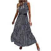 Milumia Women's Polka Dots Ruffle Maxi Dress Elegant Sleeveless Flared Flowy Long Dresses