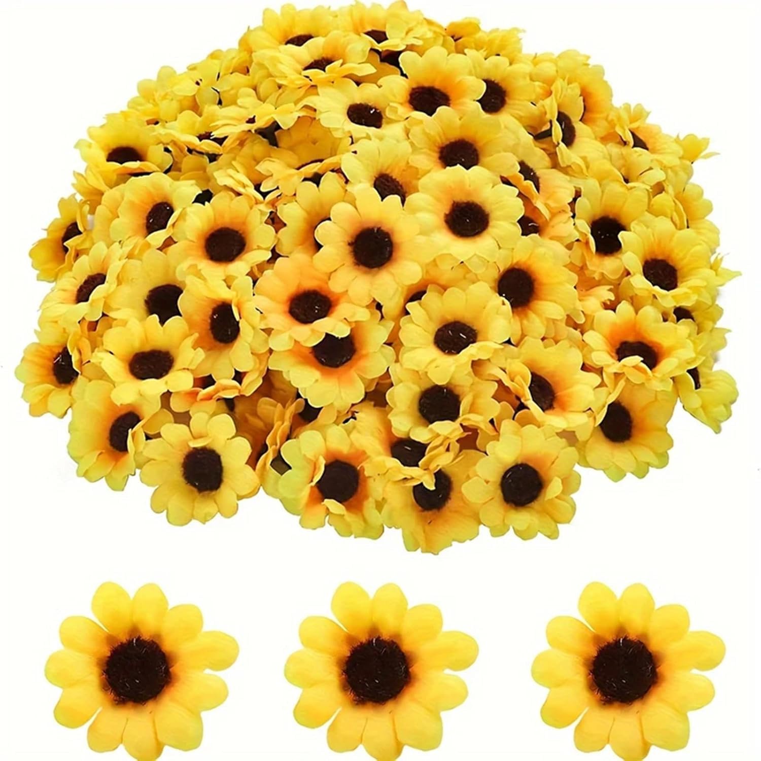 Photo 1 of 100 Pcs Sunflowers Artificial Flower Heads, Yellow Mini Fake Sunflowers Decorative Fabric Flowers Craft Floral Embellishments Silk Sun Flower Head Decorations DIY Wedding Floral Home Decor