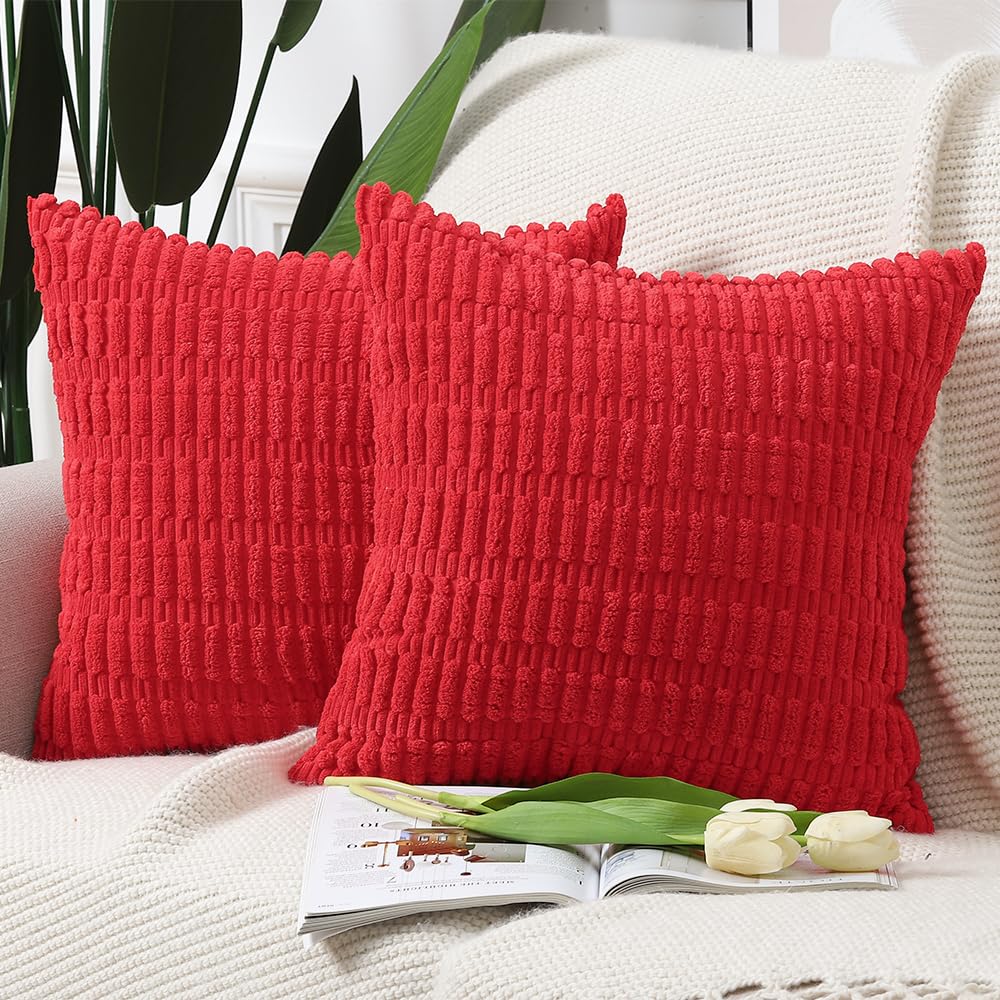 Madizz Pack of 2 Boho Striped Corduroy Throw Pillow Covers 22x22 inch, 55x55 cm, Red Soft Decorative Cushion Cover for Sofa Bedroom Pillow Shell โ image 1