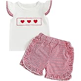 Karuedoo Toddler Baby Girl Valentine's Day Outfit Heart Embroidery Smocked Flutter Sleeve T Shirt Top Plaid Ruffle Shorts Set