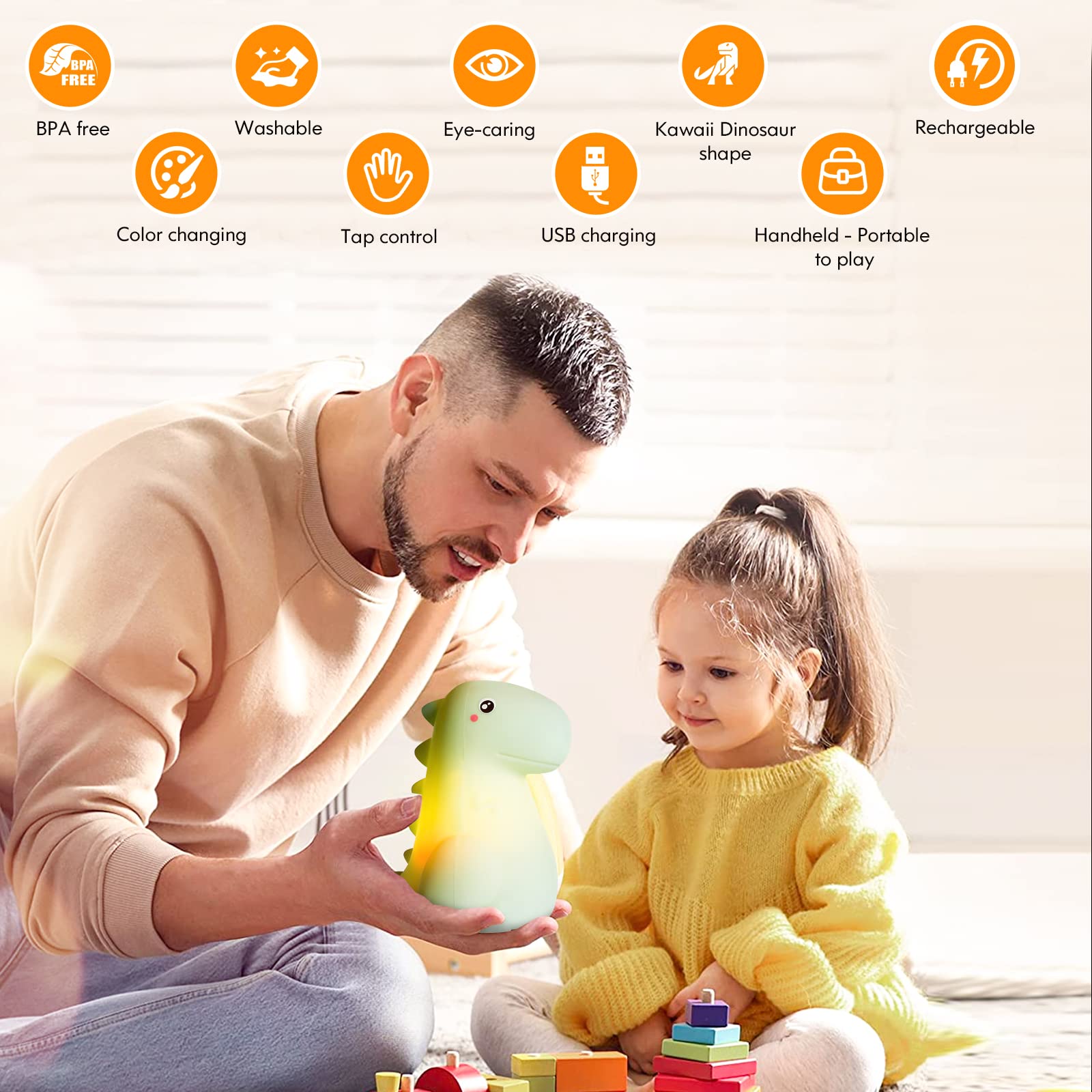 SANKEDOU Dinosaur Night Light for Kids, Touch Sensor Silicone 7 Colors Changing Room Decor Boys Girls, Rechargeable Baby Mood Lamp, Cute Bedside Lamp Gifts (Green), (YZKJ#01)