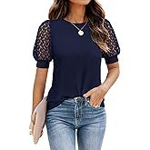 DOROSE Women's Puff Sleeve Tops Lace Casual Loose Summer Blouses T Shirt
