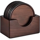 Wood Coasters with Holder, GOH DODD Set of 6 Walnut Wooden Coaster Tabletop Protection for Drinks Coffee Table Home Kitchen Office Bar Living Room Decor Housewarming Gifts Wedding Party