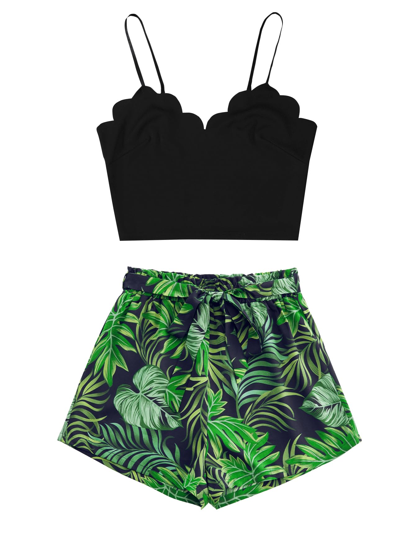 Photo 1 of ** SHORTS ONLY
LYANER Women's 2 Piece Outfits Strappy Cami Crop Top and Tropical Shorts with Belt Set Green Leaf Small