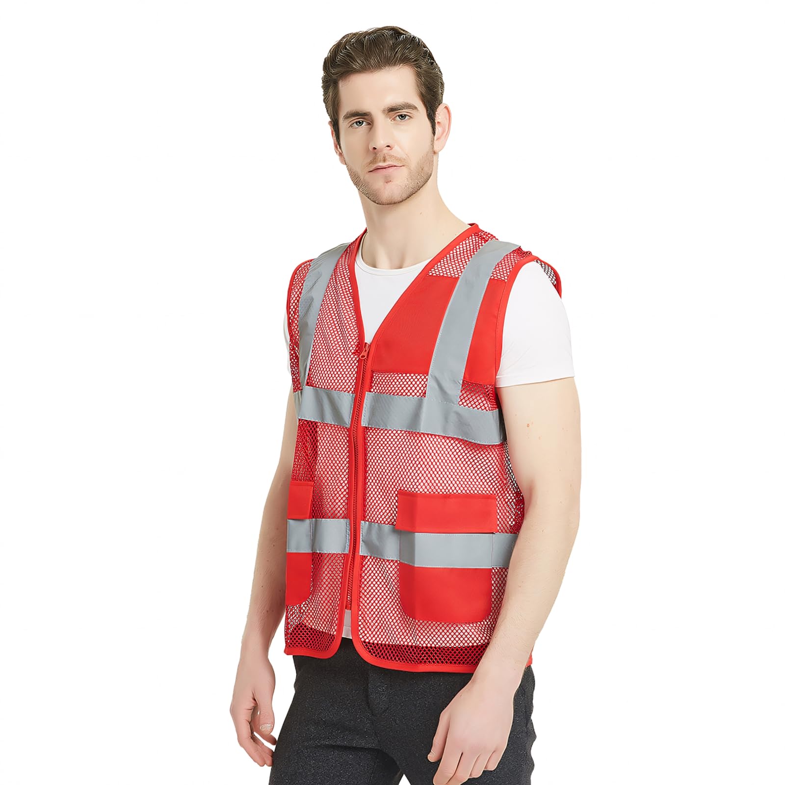 GOGO Unisex US Big Mesh Volunteer Vest Zipper Front Safety Vest with Reflective Strips and Pockets-Red-US XL