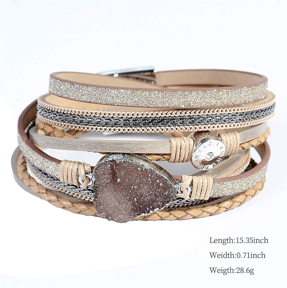 Leather Cuff Bracelet for Women - Boho Beads Wrap Clasp Bangle Bracelet Leather Wristbands Birthday Gifts for Women(Brown with druzy): Jewelry