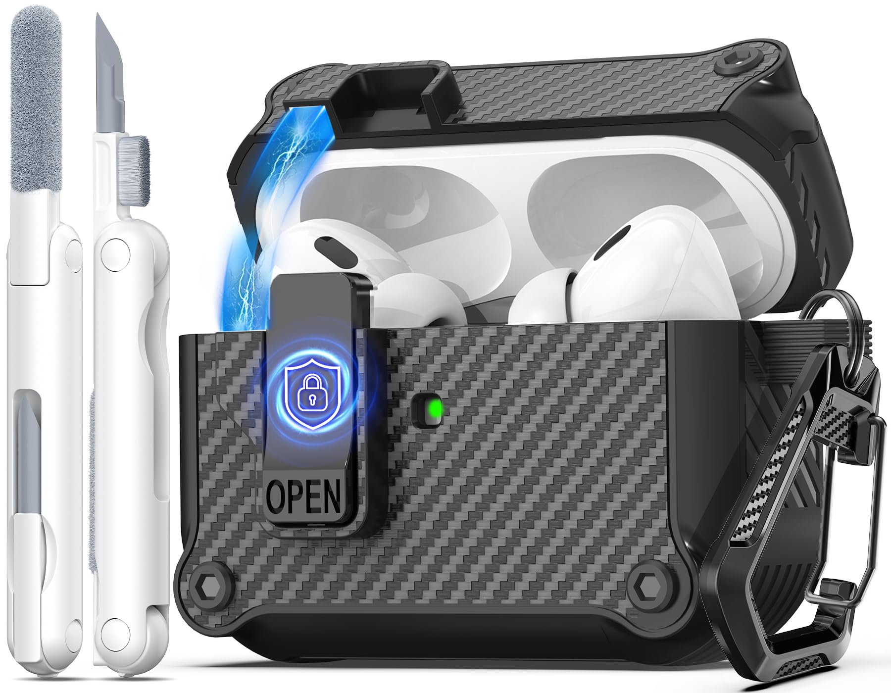 Photo 1 of R-fun Compatible with AirPods Pro 2nd Generation 2023(USB-C),2022(Lightning Cable),1st Gen 2019 Charging Case, Full Drop Protection Auto Pop-Up Lid Design with Cleaner Kit,Fiber Black