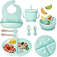 Mrkyy Silicone Baby Feeding Set, Baby Led Weaning Supplies with Suction Bowl Divided Plate, Toddler Self Feeding Dish Set with Spoons Forks Sippy Cup Adjustable Bib, Baby Eating Utensils(Green)