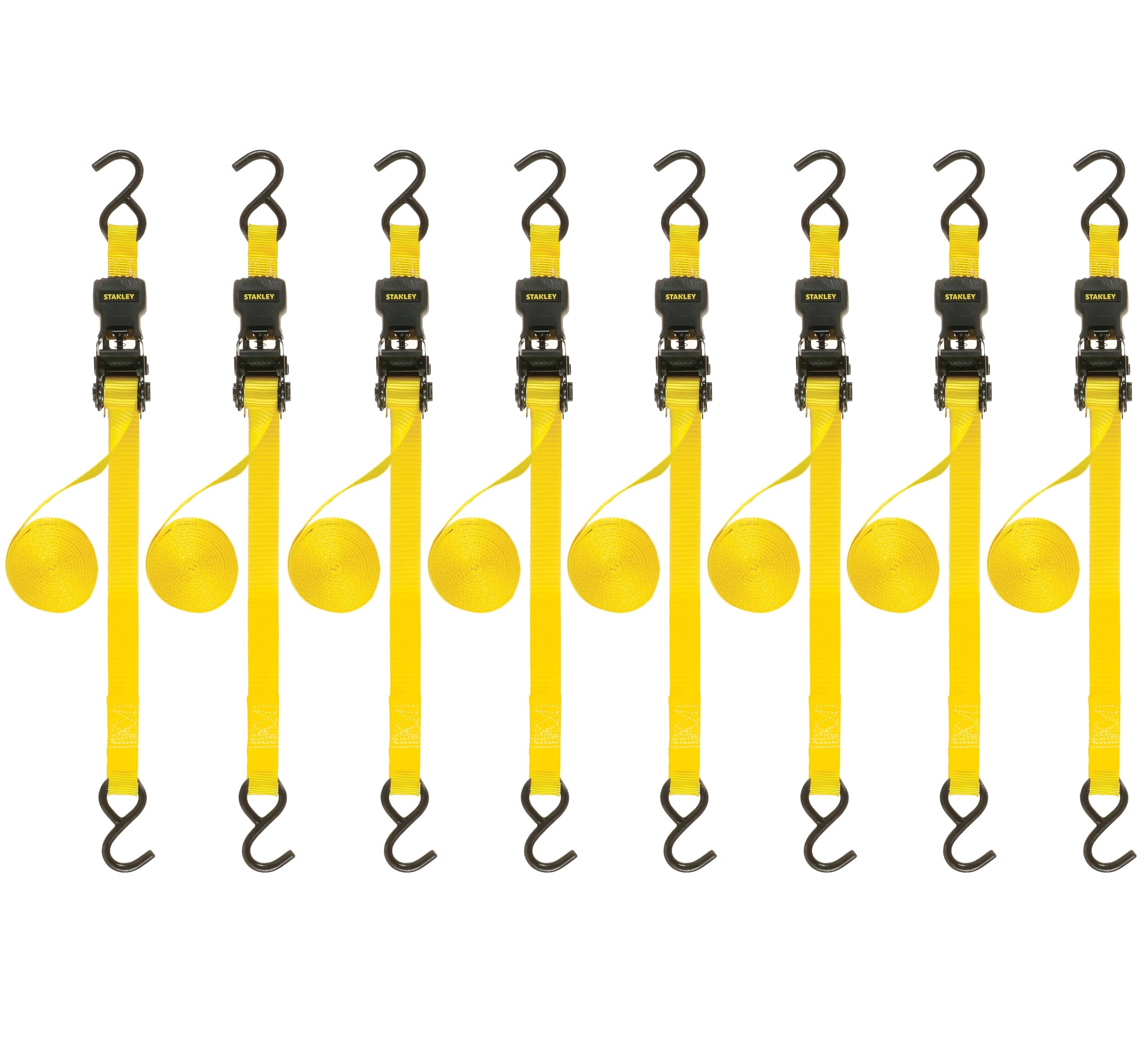 Stanley S1000 Black/Yellow 1" x 10' Ratchet Tie Down Straps - Light Cargo Hauling (1,500 lbs Break Strength), 8 Pack