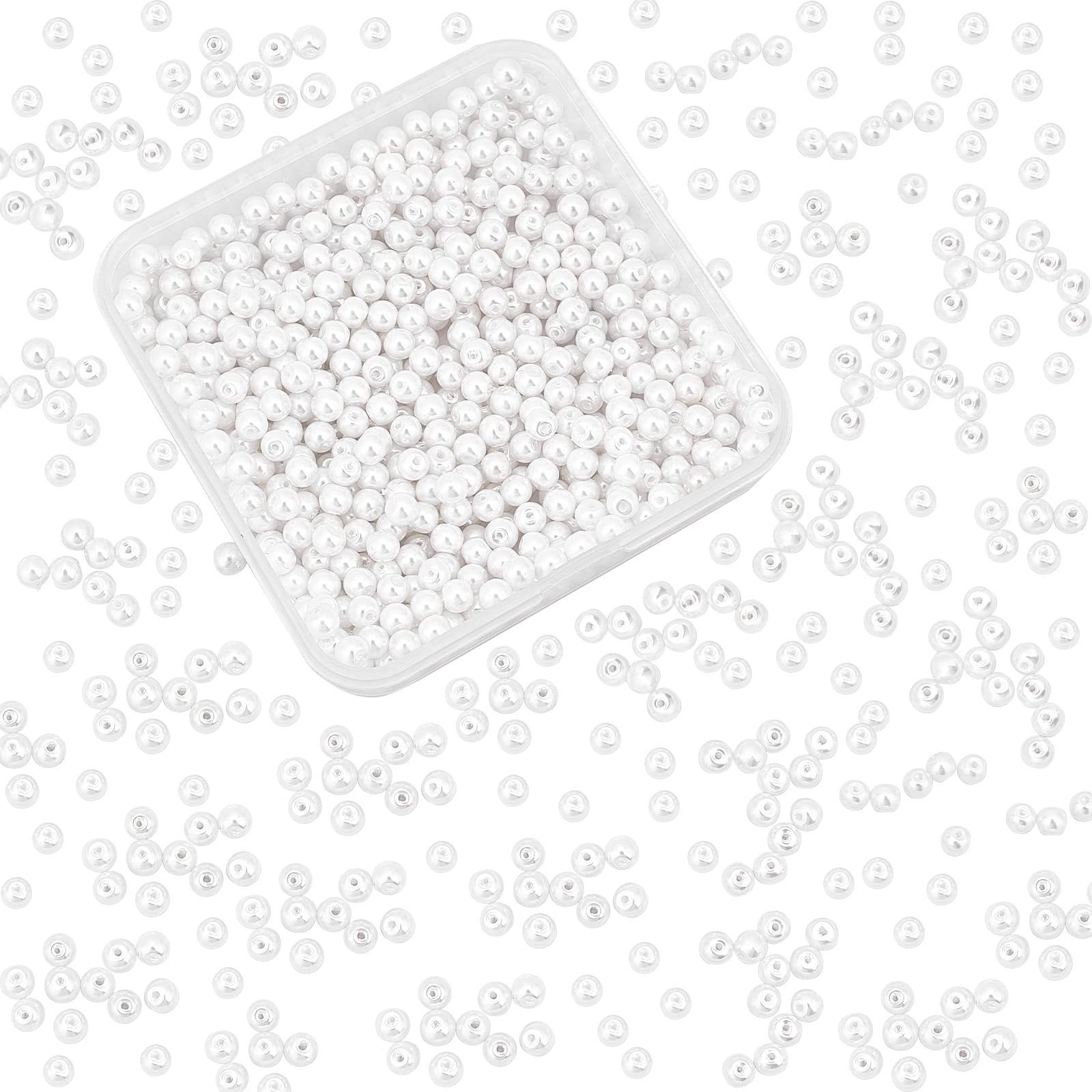 PH PandaHall 4mm About 1000pcs Tiny Glass Pearl Round Beads Assortment Lot for Jewellery Making Box Kit White