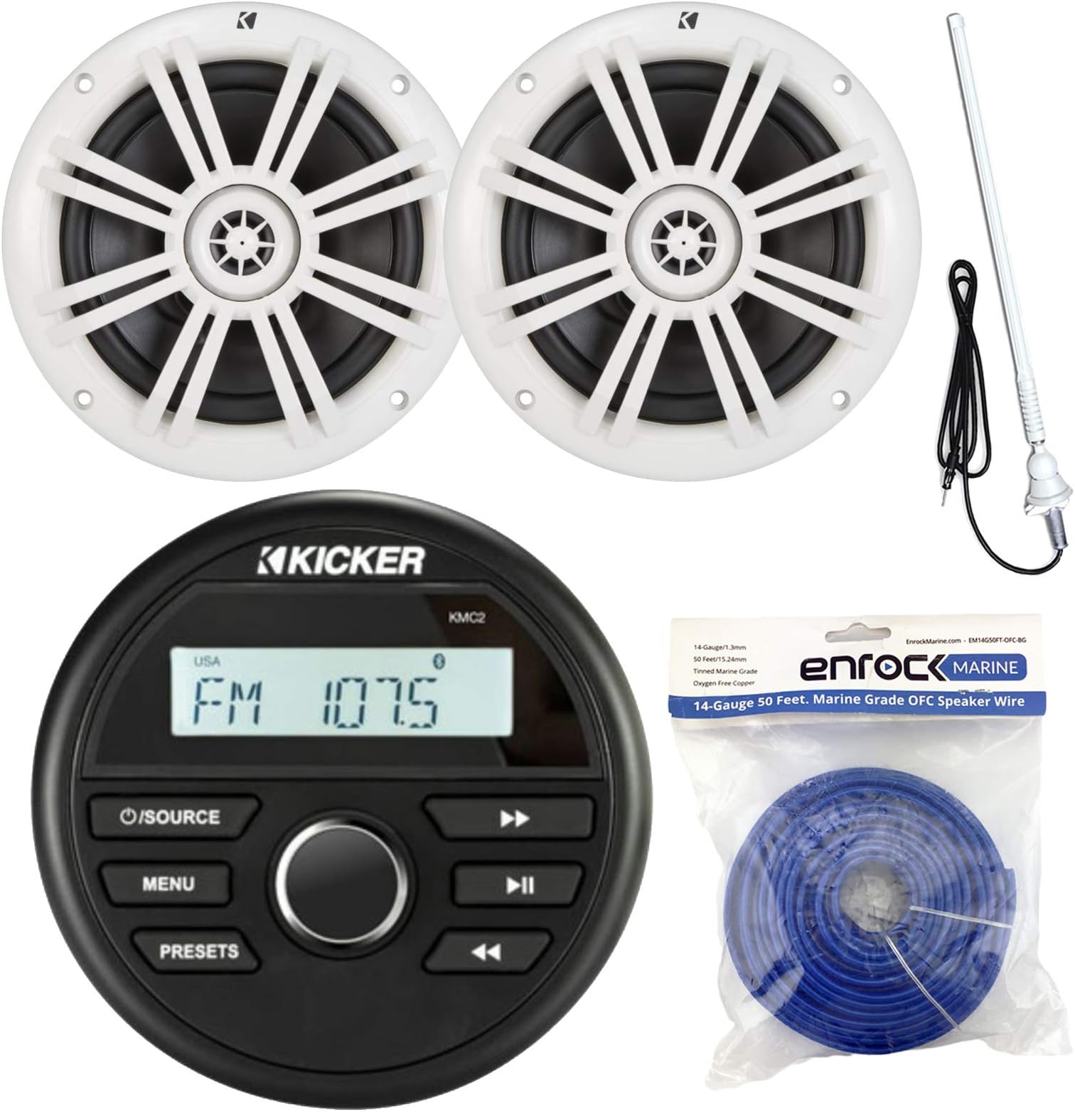 Kicker Marine Boat Yacht Gauge Style AM/FM Stereo Receiver Bundle Combo With 2x 6.5" Inch 150-Watt White Coaxial Audio Speakers, Enrock Rubber Mast Antenna, 50 Feet 14G Speaker Wire