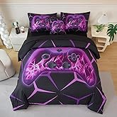 ZSYAYAHA Boys Comforter Set Twin 6 Pieces Gaming Bedding Set Black Purple Bed in A Bag Set Modern Video Games Bed Sets for Kids Bed Decor(Purple, Twin)