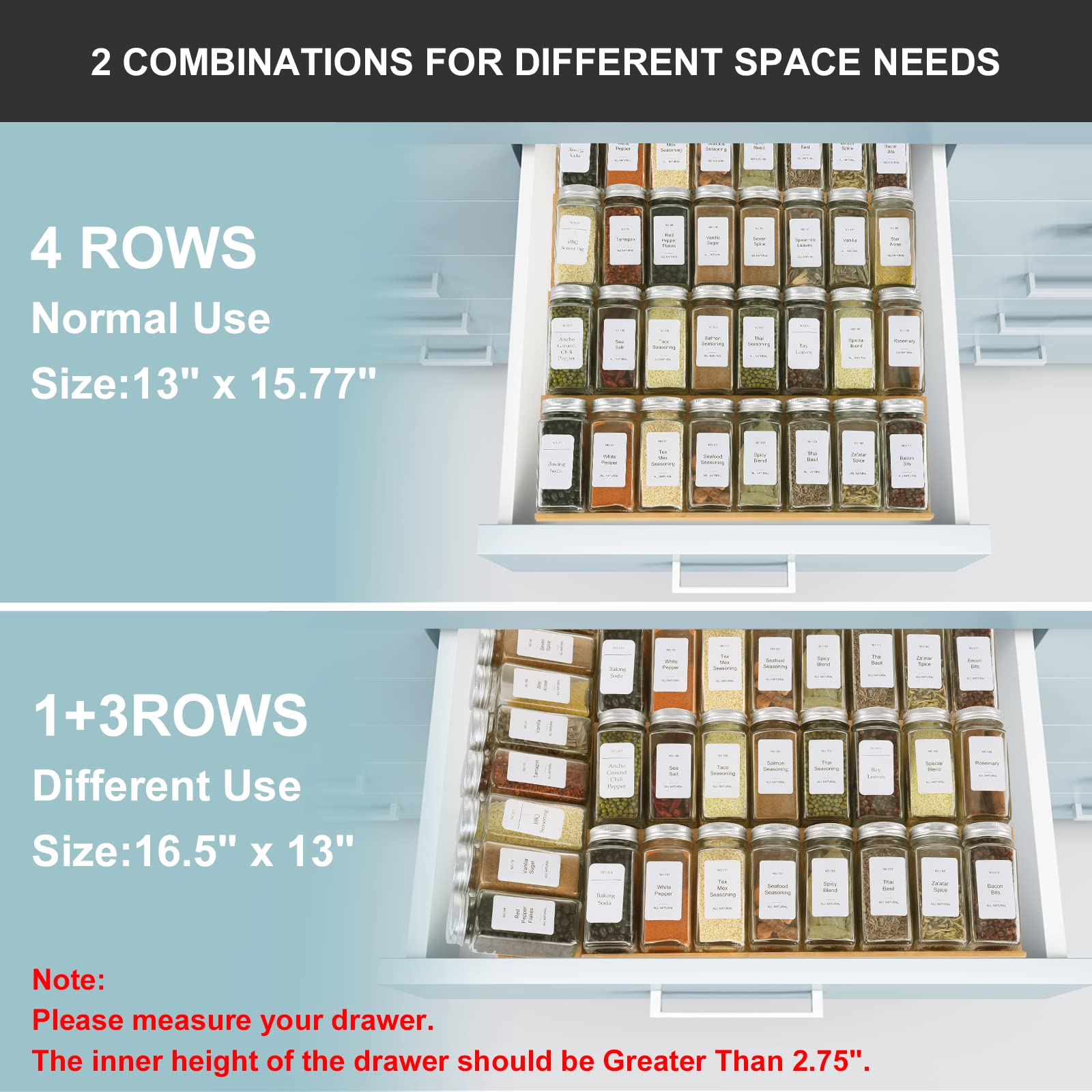 Spice Drawer Organizer with 24 Spice Jars and 216 Labels,Non-slip Rubber, Bamboo 4 Tier Spice Racks Tray Seasoning Containers for Kitchen Drawers,Cabinets,Countertops,13