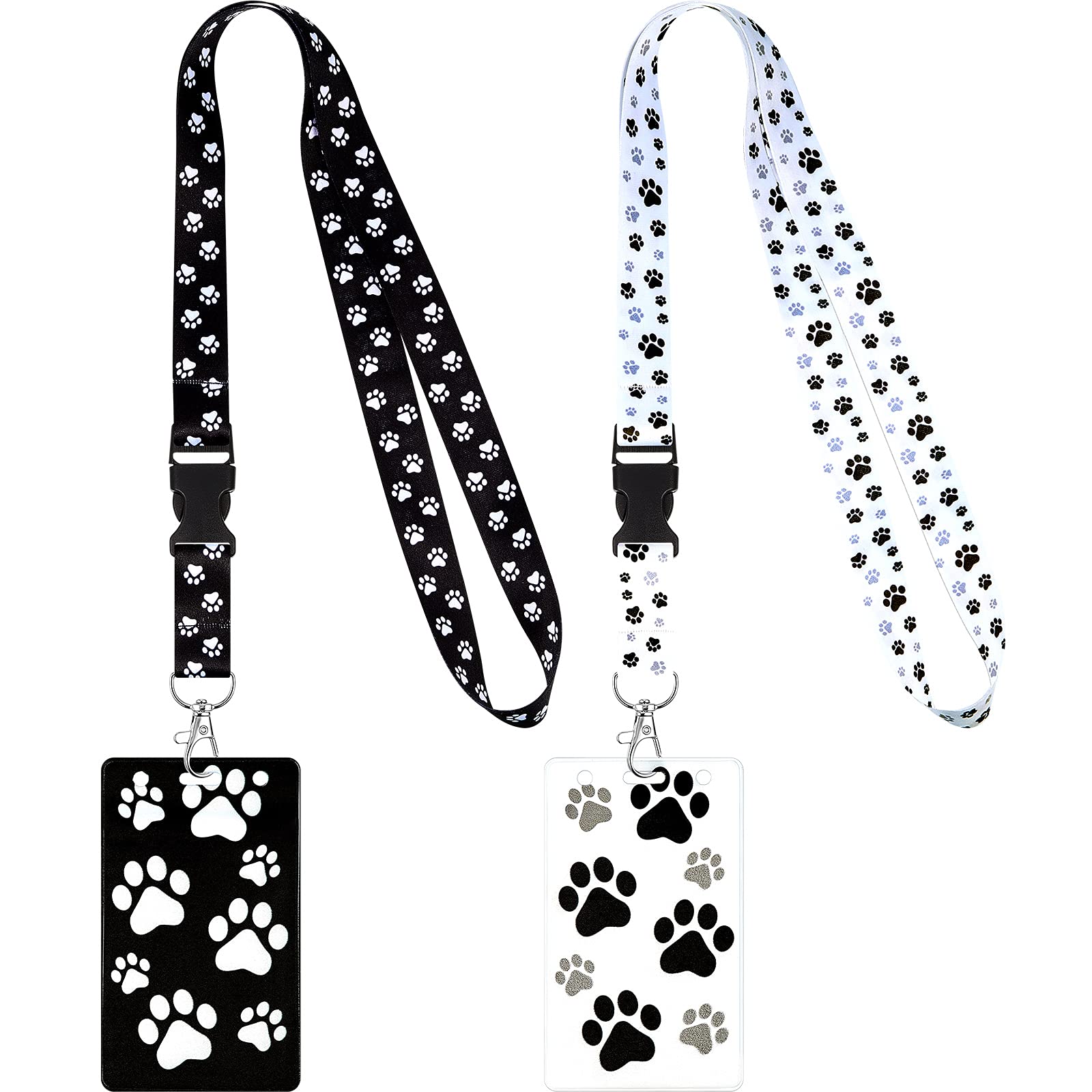 Outus Paw Print Lanyard with Card Holder, Dogs Puppies Paws Print Lanyard Neck Strap with Clear Badge Holder Waterproof for Keys ID Card Plane Ticket (2 Sets), Black