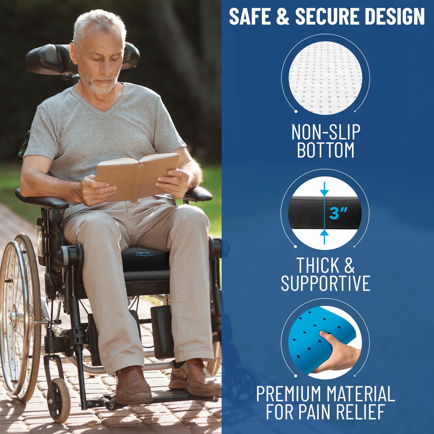 Everlasting Comfort Ventilated Wheelchair Cushions for Pressure Relief - Gel Memory Foam Wheel Chair Seat Cushion Pad for Seniors and Adults & Pain Relief - Soft Non-Slip Cover - Office Accessories