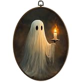 Gnmduw Halloween Spooky Ghost Oval Wall Art Framed, Dark Academia Ghost Holding Candle Canvas Prints Hanging Decor,Vintage Gothic Spooky Halloween Wall Decor for Living Room Bedroom, 8.7x11.3 Inch