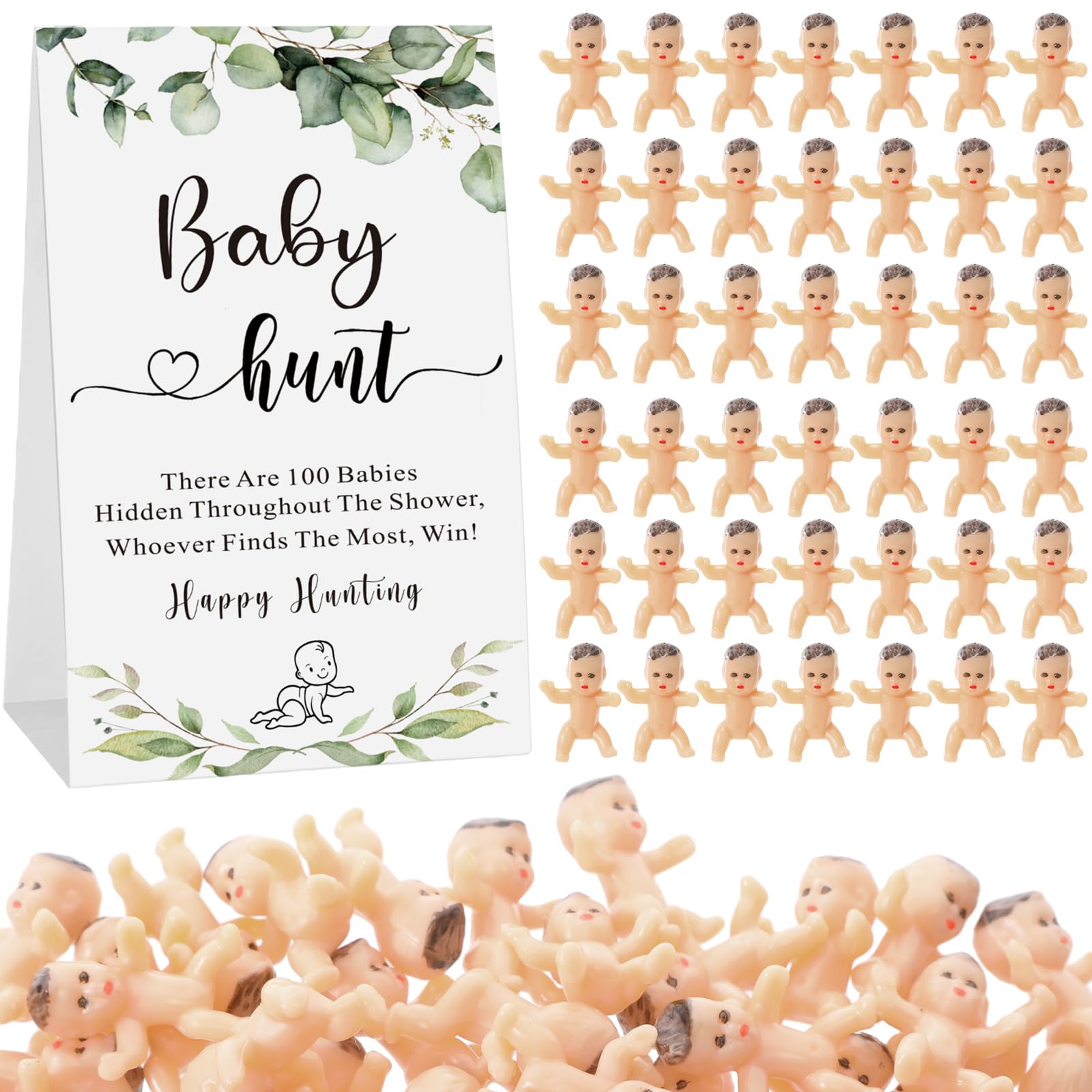 Photo 1 of Gemscream 101 Pcs Baby Shower Game Set Include 1 Paperboard Hunt Sign 100 Mini Plastic Babies Tabletop Sign Tiny Babies Funny Baby Shower Prizes for Gender Reveal Party Favors