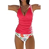 Beachsissi Women's Cute Floral Print Swimsuits V Neck Tummy Control Tankini Set