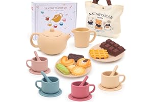 FUNCREVITY Silicone Tea Party Set for Little Girls Kids Toddlers Tea Set with Tea Pot Cups Food Pretend Play Kitchen Accessories Christmas Birthday Gift for Girls Age 3 4 5 6 Year Old Toys