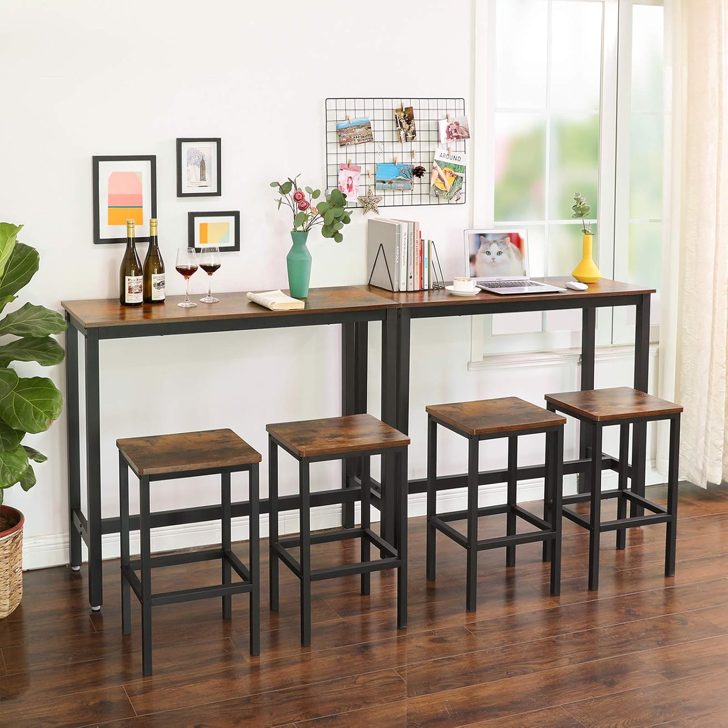 VASAGLE ALINRU Narrow, Rectangular Bar, Kitchen, Pub Dining High Table, Sturdy Metal Frame, 47.2 x 15.7 x 39.4 Inches, Easy Assembly, Industrial Design, Rustic Brown - Tables
