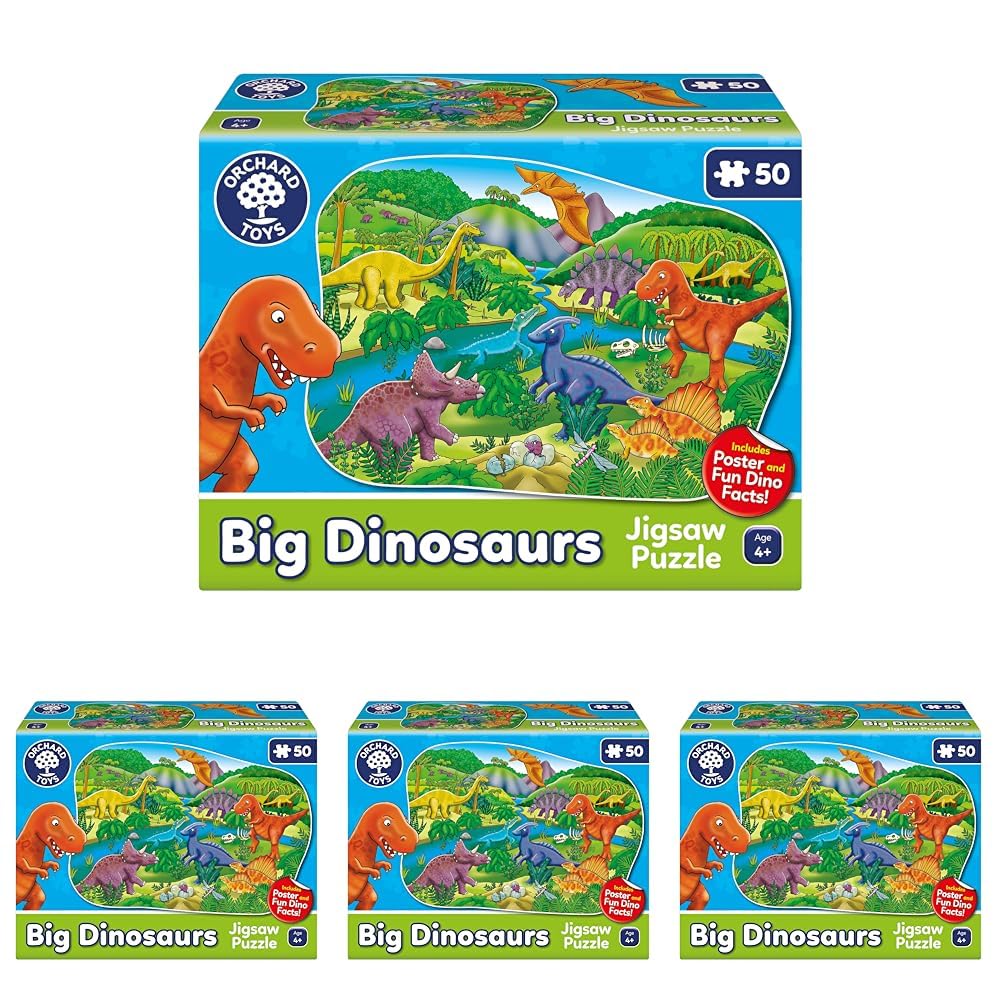 Orchard Toys Big Dinosaurs Jigsaw Puzzle for Kids, Large Floor Puzzle, 50-Piece Puzzle, Educational Toy for Toddlers and Age 4+ Makes a Great Animal or Dinosaur Gifts for Boys and Girls (Pack of 4)