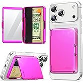 Meifigno Strong Magnetic Phone Wallet with Mirror & Kickstand, Magnetic Phone Card Holder (3-4 Cards & Cash) Compatible with iPhone 17/16/15/14/13/12 Series, Metal Plating Glossy, Hot Pink