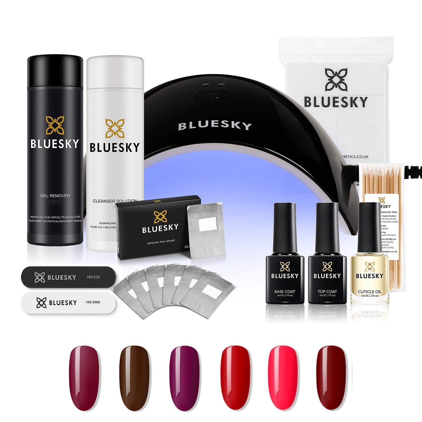 Bluesky Gel Nail Polish Starter Kit with Professional 24W Uv Led Lamp, Top & Base Coat, 6 Colours, Red, Purple, Pink, Brown, Cleanser & Acetone Remover, Wipes, Foil Wraps, Cuticle Oil, File& Buffer