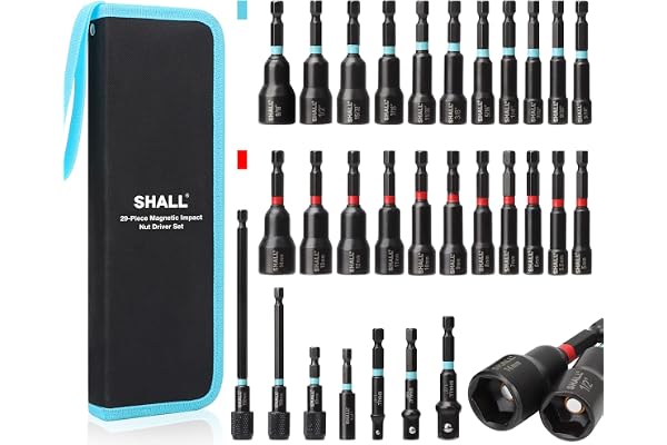 SHALL 29PCS Magnetic Nut Driver Set, Impact Drill Driver Bit 1/4" Hex Shank, SAE & Metric Cr-V Steel Power Nut Drivers with Q