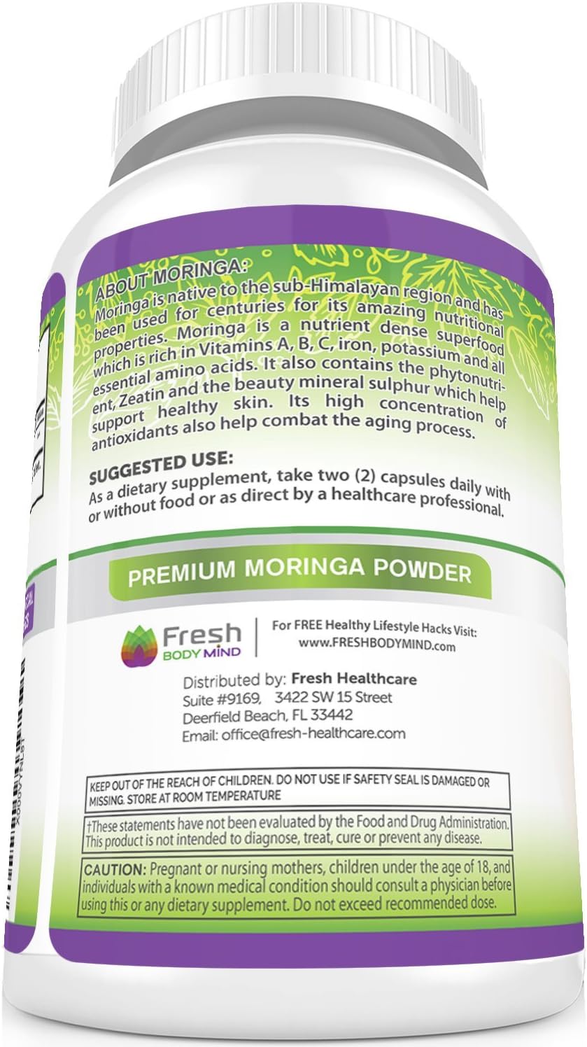 Moringa Oleifera 180 Capsules – 100% Pure Leaf Powder - Max 1000mg Per Serving - Complete Green Superfood Supplement - Full 3 Month Supply - Pure Miracle Tree Moringa Super Greens Powder Vegan Caps: Health & Personal Care