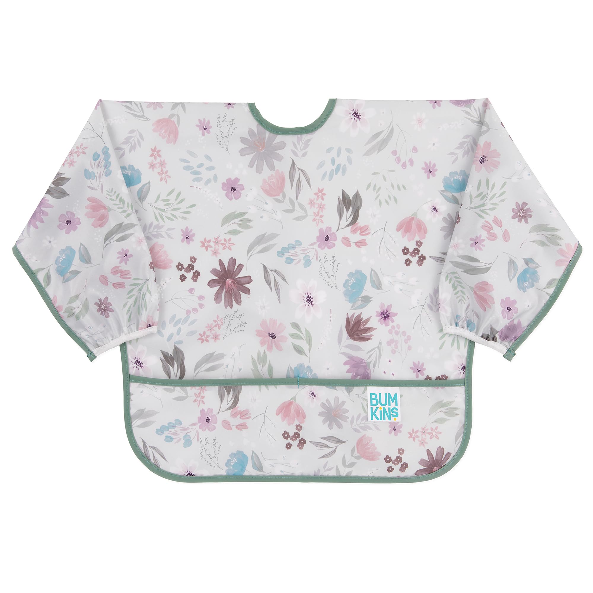 Bumkins Sleeved Bib, Handy Tie Closure For Custom Fit, Catch-All Pocket, Baby-Led Weaning, Waterproof, Machine Washable, Stain & Odour Resistant, BPA Free, 6-24 Months, Floral Design