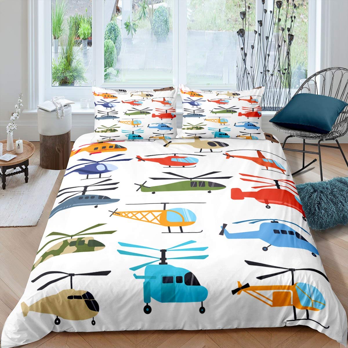 Loussiesd Aircraft Bedding Sets Boys Duvet Covers for Kids Nursery Child,Cartoon Helicopter Pattern Comforter Cover Children Quilt Covers Colorful Airplane,Decorative 2Pcs Single Ultra Soft