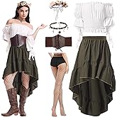 Renaissance Dress Women Medieval Costume Ren Faire Outfit with Flower Crown Necklace Corset Belt for Halloween Cosplay