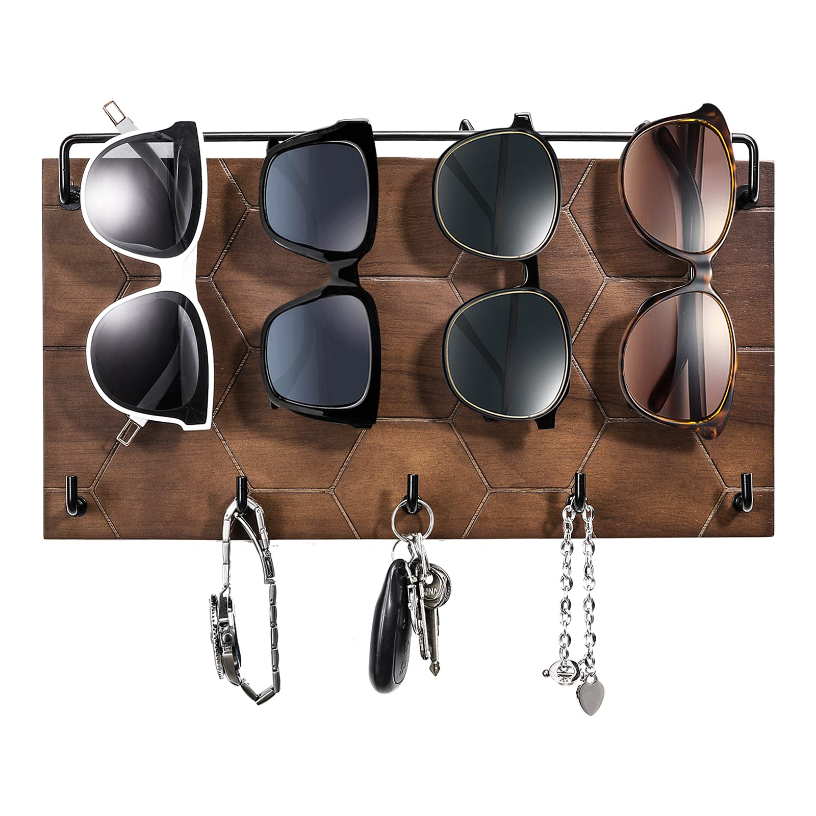 Photo 1 of Emibele Sunglass Organizer Wall Key Holder, Decorative Wood Wall Jewelry Organizer Glasses and Sunglass Holder Display with 5 Hooks Key Rack Hanging Eyeglass Storage for Entryway Living Room, Walnut